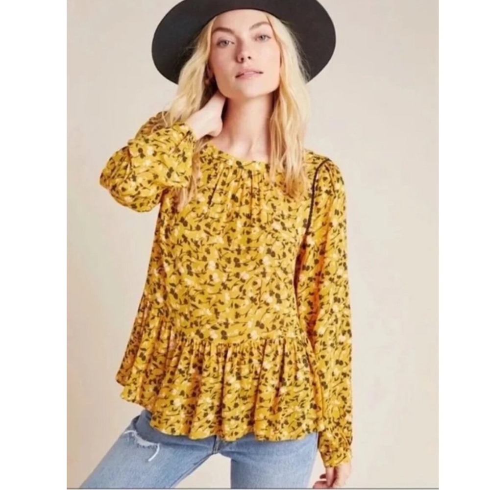 Maeve by Anthropologie Mustard Yellow Floral Peplum Long Sleeve Blouse Small